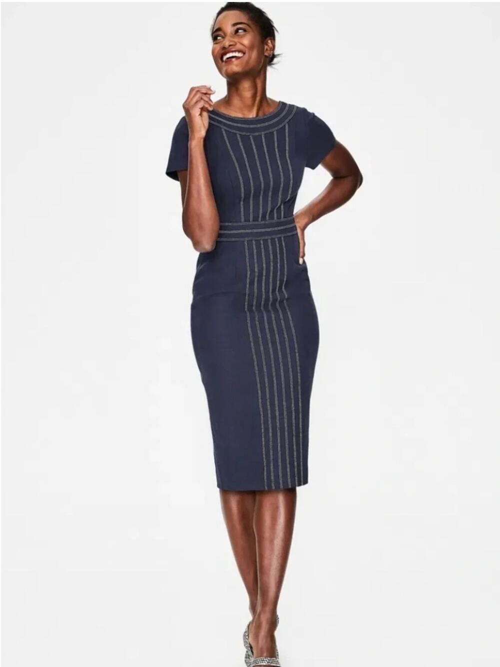 Boden Kitty Sheath Textured Midi Dress Navy 6
